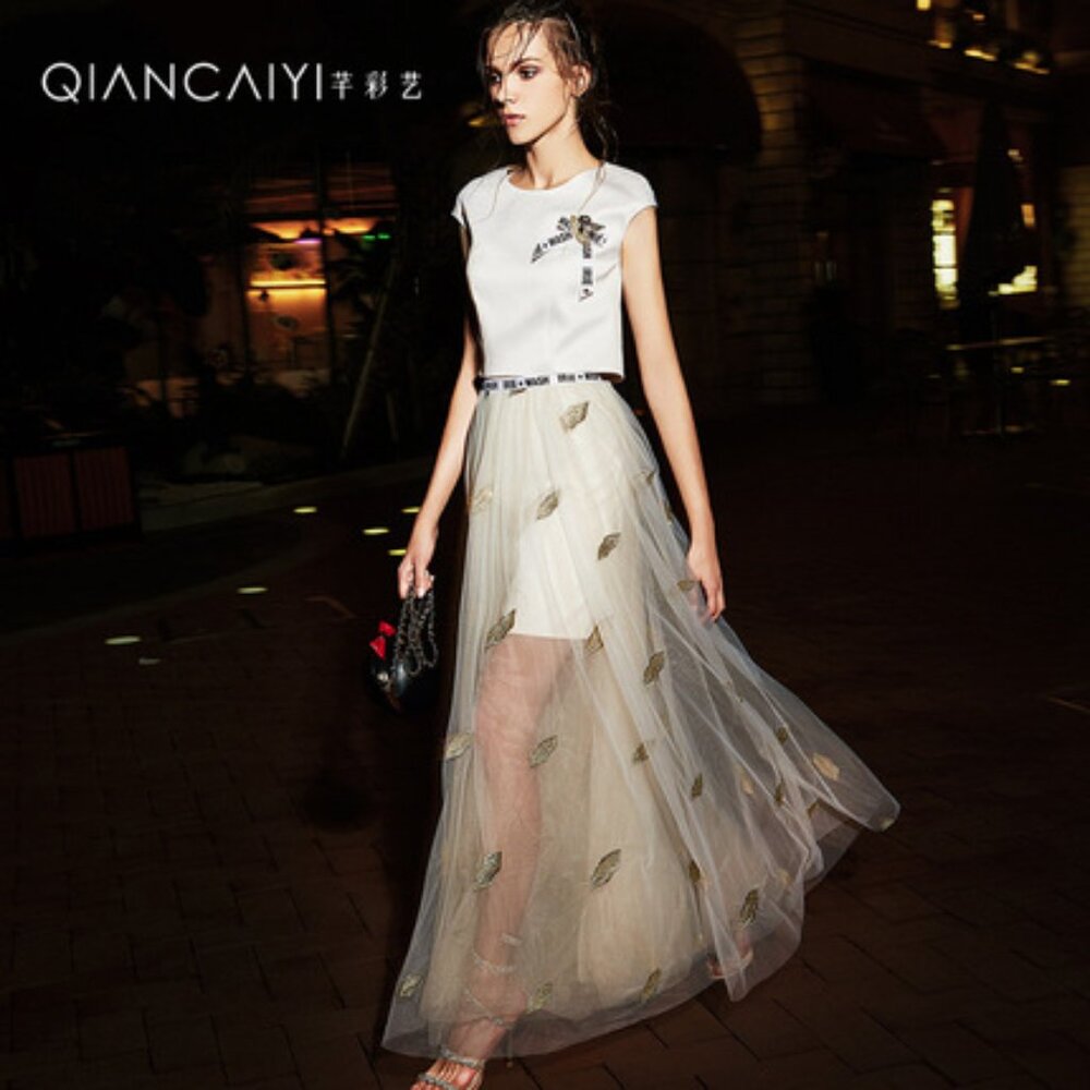 QIANCAIYI Socialite-Inspired Design Elegant Long Evening Dress 2 set